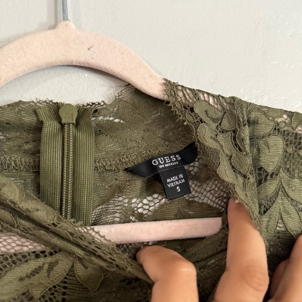Guess Shayna Mock Neck Olive Lace Blouse - Picture 3 of 8